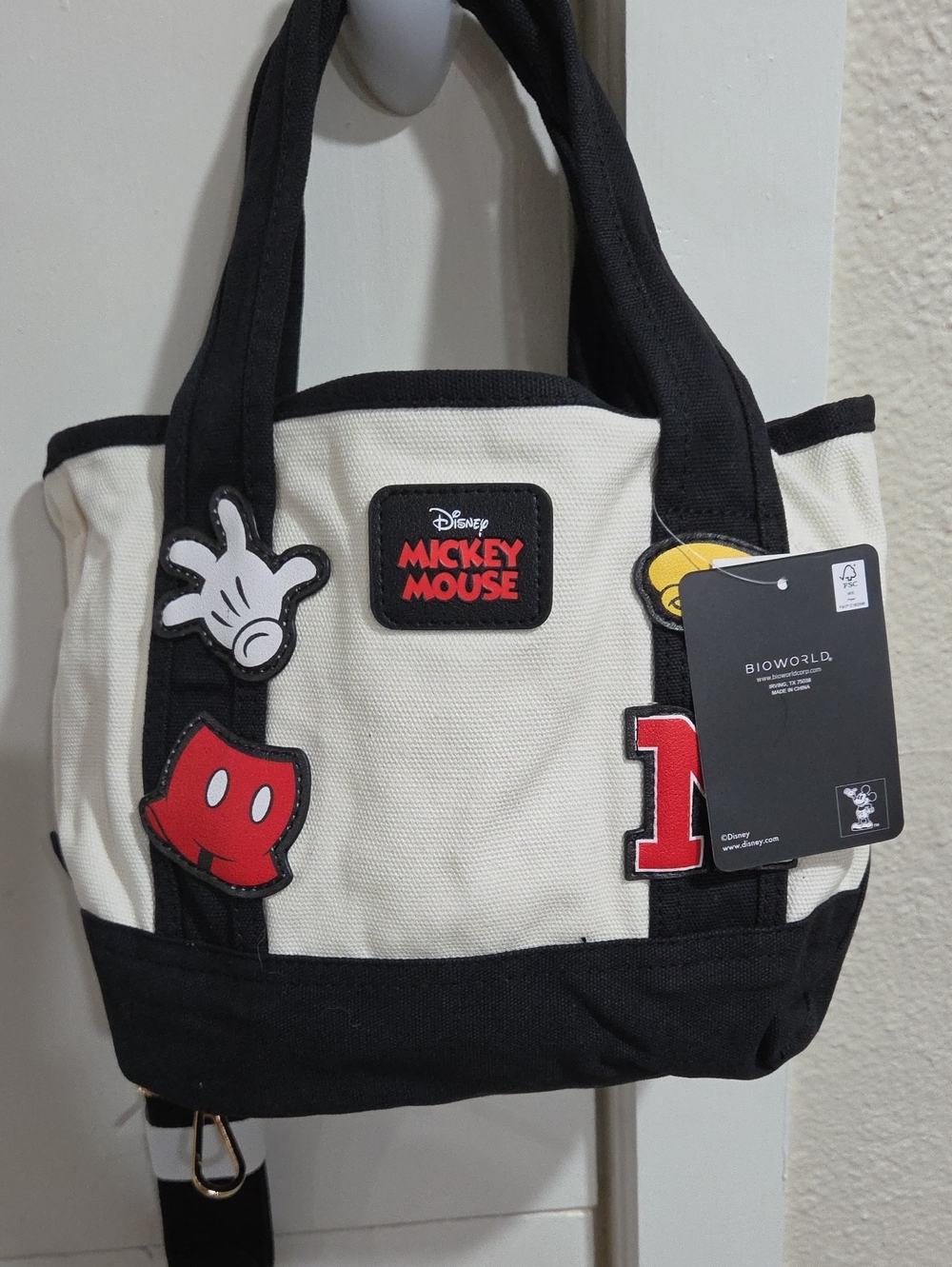 Disney Mickey Mouse Black & Cream Canvas Messenger Tote with Character Patches